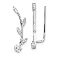 QE13481 Sterling Silver Rhodium-plated Polished CZ Flower w/Stem Ear Climber Earrin