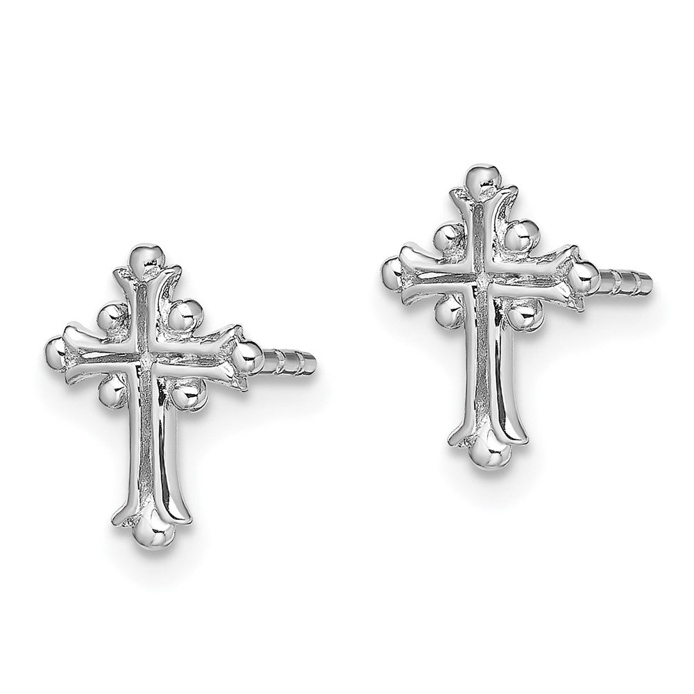 QE13488 Sterling Silver RH-pltd Polished Textured Budded Cross Post Earrings
