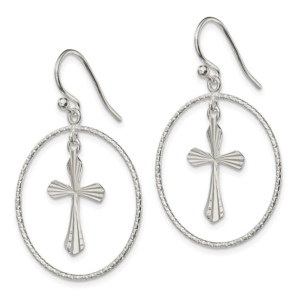 QE13510 Sterling Silver Polished & Diamond-cut Cross Circle Dangle Earrings
