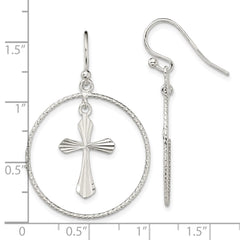 QE13510 Sterling Silver Polished & Diamond-cut Cross Circle Dangle Earrings