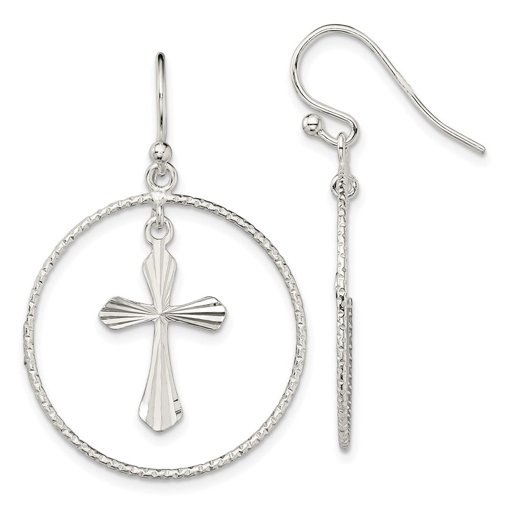 QE13510 Sterling Silver Polished & Diamond-cut Cross Circle Dangle Earrings