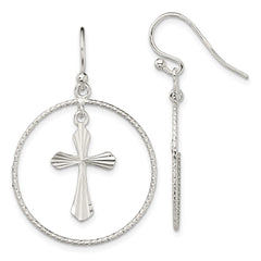 QE13510 Sterling Silver Polished & Diamond-cut Cross Circle Dangle Earrings