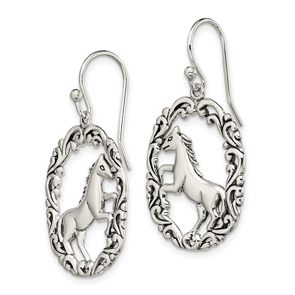 QE13513 Sterling Silver Antiqued Horse Dangle Shepherds Hook Earrings
