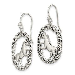 QE13513 Sterling Silver Antiqued Horse Dangle Shepherds Hook Earrings