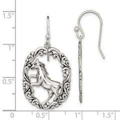 QE13513 Sterling Silver Antiqued Horse Dangle Shepherds Hook Earrings