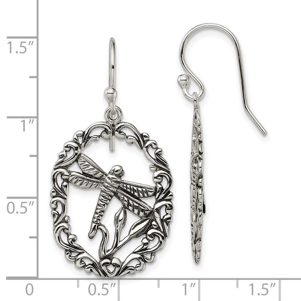 QE13515 Sterling Silver Antiqued Dragonfly Dangle Shepherds Hook Earrings