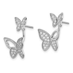 QE13530 Sterling Silver Rhodium-plated CZ Butterfly Front and Back Earrings
