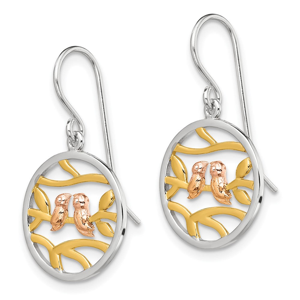 QE13539 Sterling Silver Rhodium Rose-/Gold-tone Birds on Branches Earrings