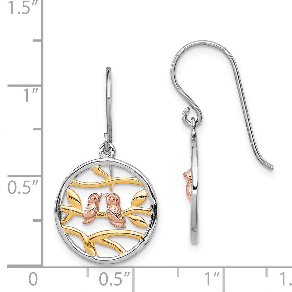 QE13539 Sterling Silver Rhodium Rose-/Gold-tone Birds on Branches Earrings