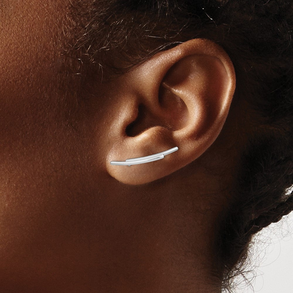 QE13609 Sterling Silver Rhod-plated Polished Double Curved Bar Ear Climber Earrings