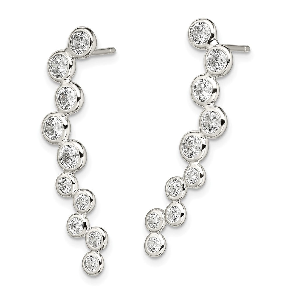 QE13644 Sterling Silver Rhod-plated Polished Bezel CZ Post Ear Climber Earrings