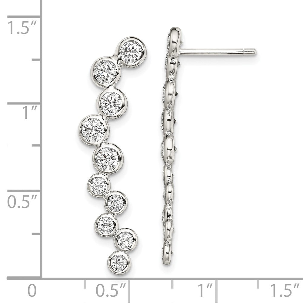 QE13644 Sterling Silver Rhod-plated Polished Bezel CZ Post Ear Climber Earrings
