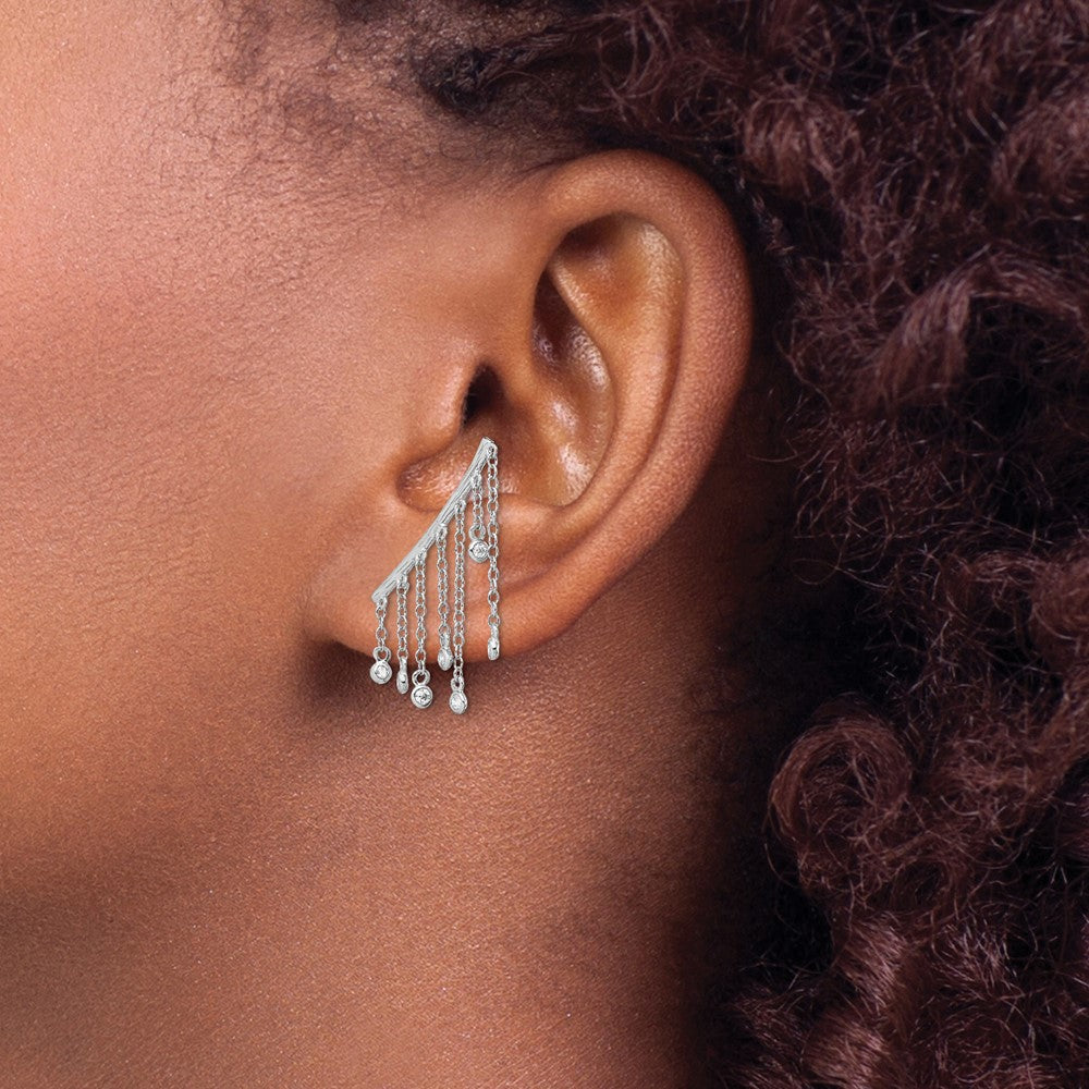 QE13662 Sterling Silver Rhodium-plated Polished Fancy CZ Dangle Ear Climber Earring