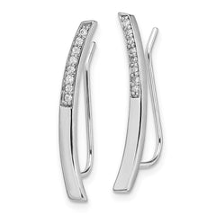 QE13669 Sterling Silver Rhodium-plated Polished CZ Curved Bar Ear Climber Earrings
