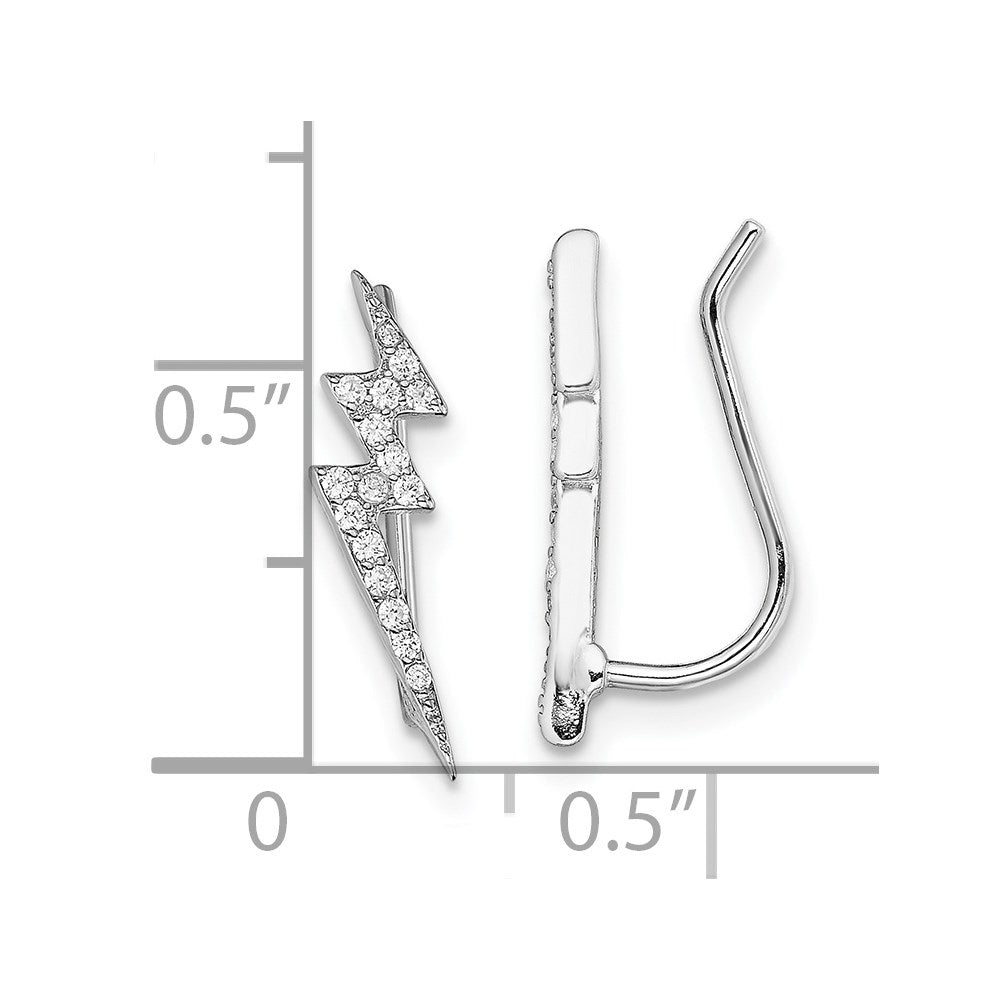 QE13670 Sterling Silver Rhodium-plated Polished CZ Lightning Bolt Ear Climber Earri