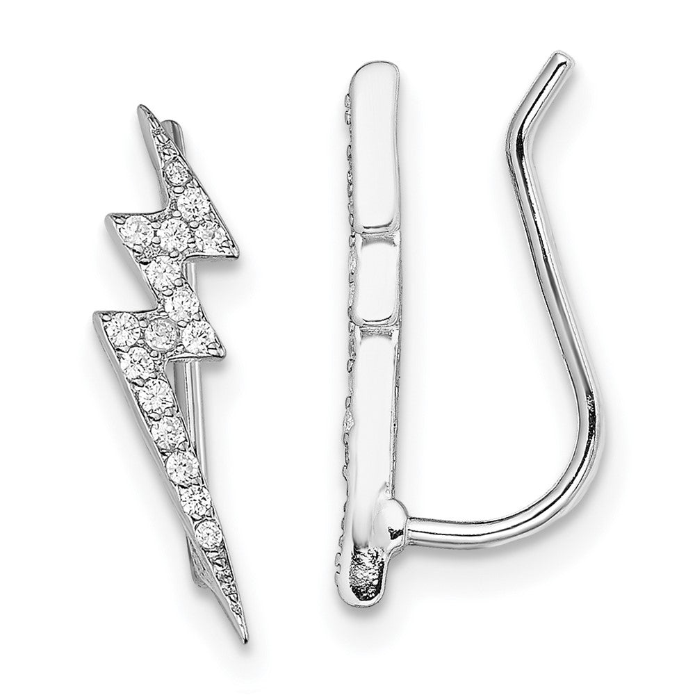 QE13670 Sterling Silver Rhodium-plated Polished CZ Lightning Bolt Ear Climber Earri