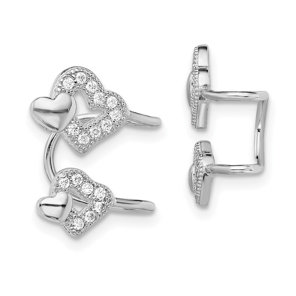 QE13678 Sterling Silver Rhodium-plated Polished CZ Hearts Left Cuff Earring