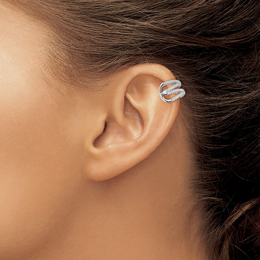 QE13685 Sterling Silver Rhodium-plated Polished CZ Double 'X' Single Cuff Earring