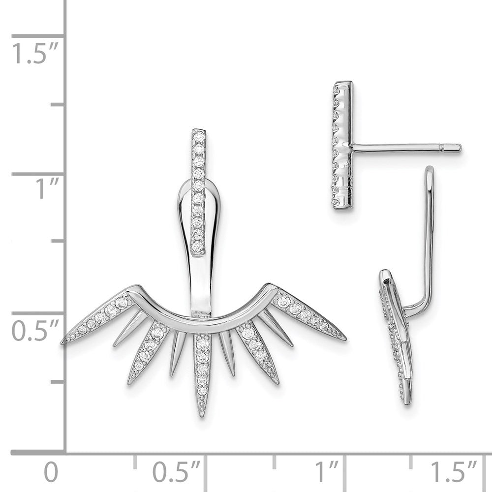 QE13697 Sterling Silver Rhodium-plated CZ Bar & Spikes Front & Back Post Earrings