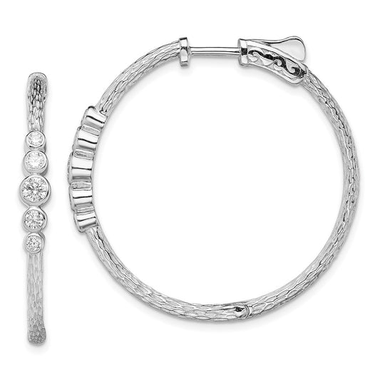 QE13718 Sterling Silver Rhodium-plated CZ Textured Hoop Earrings