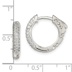 QE13744 Sterling Silver Rhod-plated Pav�� CZ Safety Lock Hinged Hoop Earrings