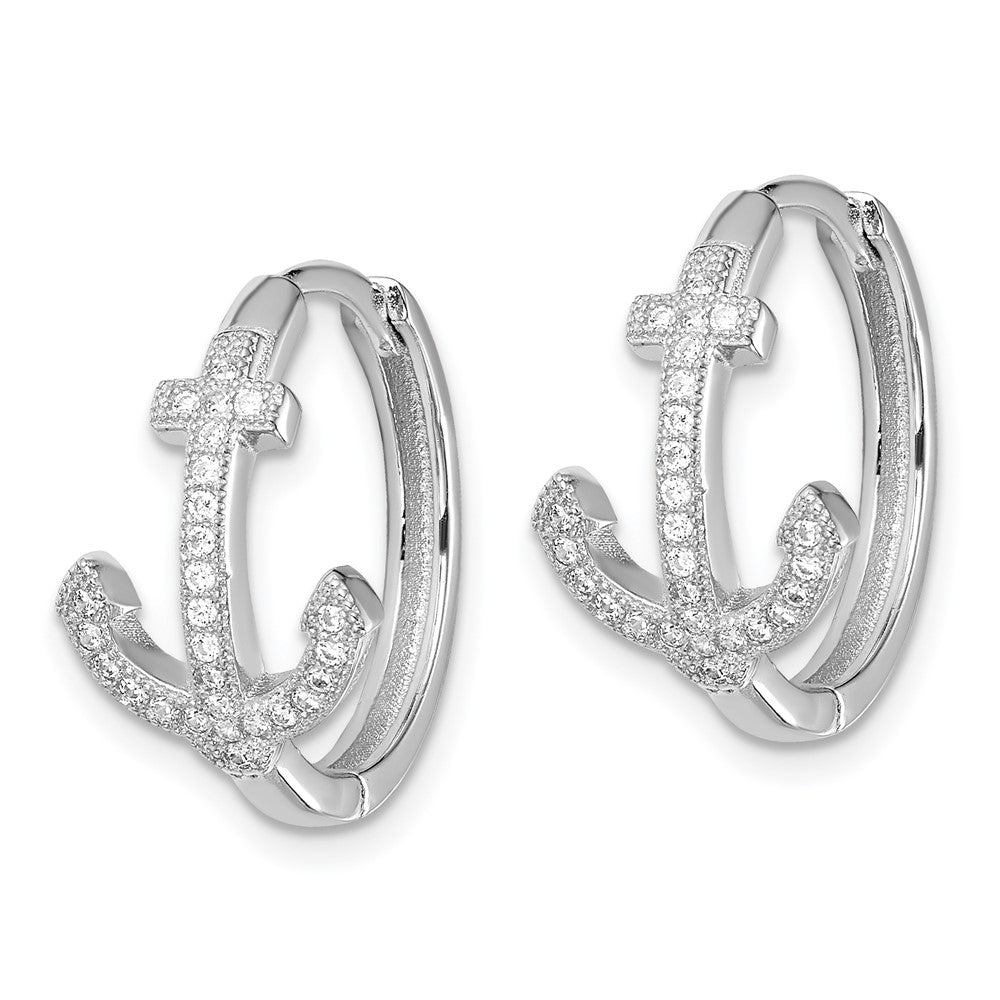 QE13747 Sterling Silver Rhodium-plated CZ Anchor Hinged Earrings