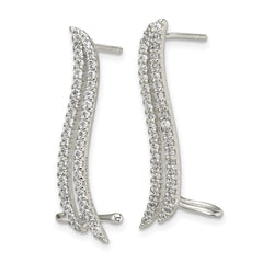 QE13755 Sterling Silver Polished CZ Double Row Post & Cuff Ear Climber Earrings