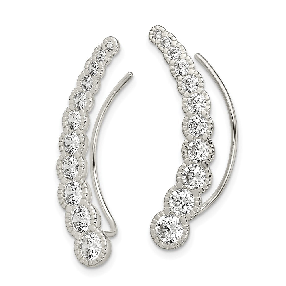QE13759 Sterling Silver Polished & Textured Graduated CZ Ear Climber Earrings