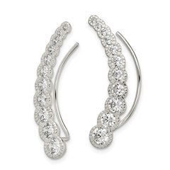 QE13759 Sterling Silver Polished & Textured Graduated CZ Ear Climber Earrings