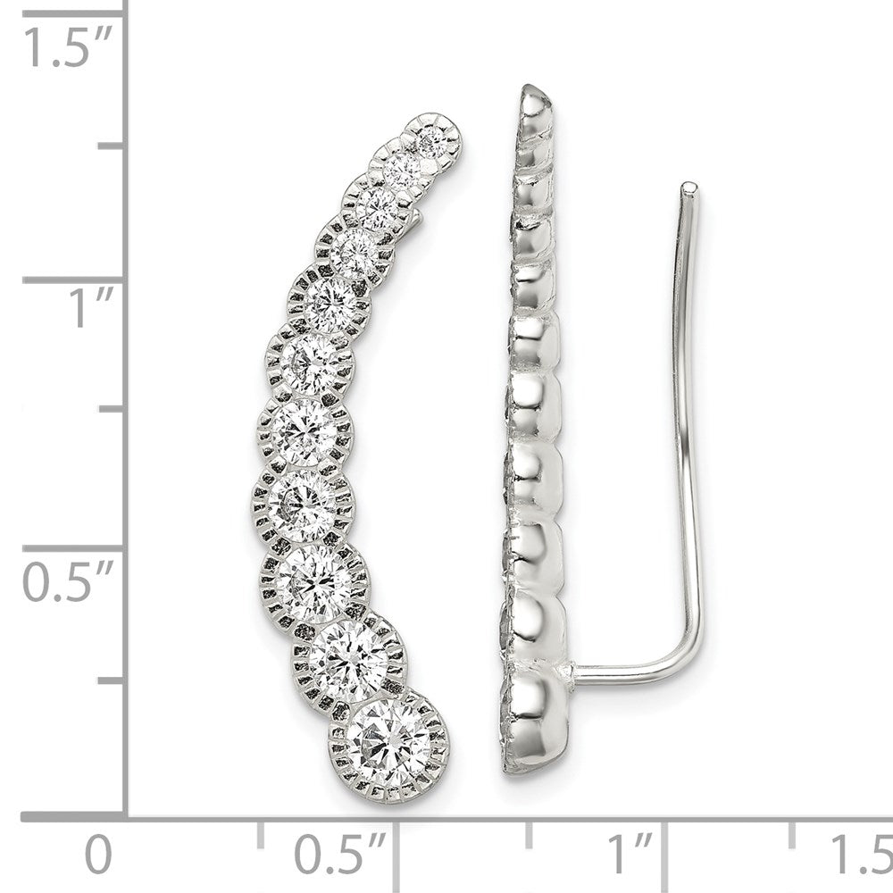 QE13759 Sterling Silver Polished & Textured Graduated CZ Ear Climber Earrings