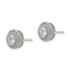 QE13763 Sterling Silver Rhod-plated Polished Pav������ CZ Halo Round Post Earrings