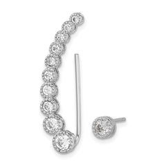 QE13770 Sterling Silver RH-plated Polished & Textured CZ 1 Ear Climber & 1 Stud Ear