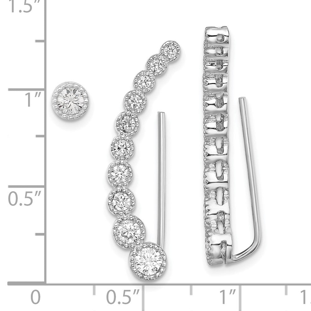 QE13770 Sterling Silver RH-plated Polished & Textured CZ 1 Ear Climber & 1 Stud Ear