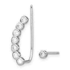 QE13771 Sterling Silver Rhodium-plated Polished CZ 1 Ear Climber & 1 Stud Earring
