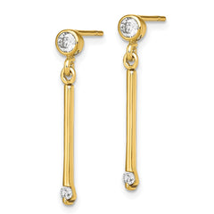QE13775 Sterling Silver Gold-tone Polished Bar w/ CZ Post Dangle Earrings