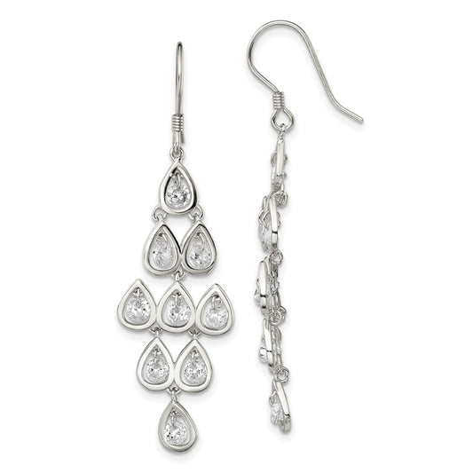 QE13789 Sterling Silver RH-pltd Polished Fancy Pear CZ Chandelier Dangle Earrings