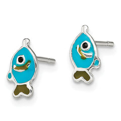 QE13832 Sterling Silver Polished Enameled Fish Post Earrings