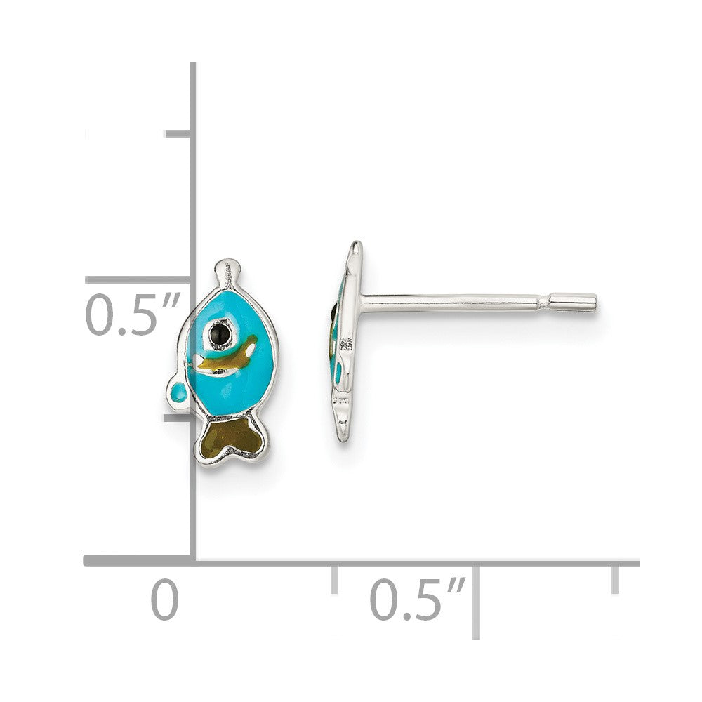 QE13832 Sterling Silver Polished Enameled Fish Post Earrings