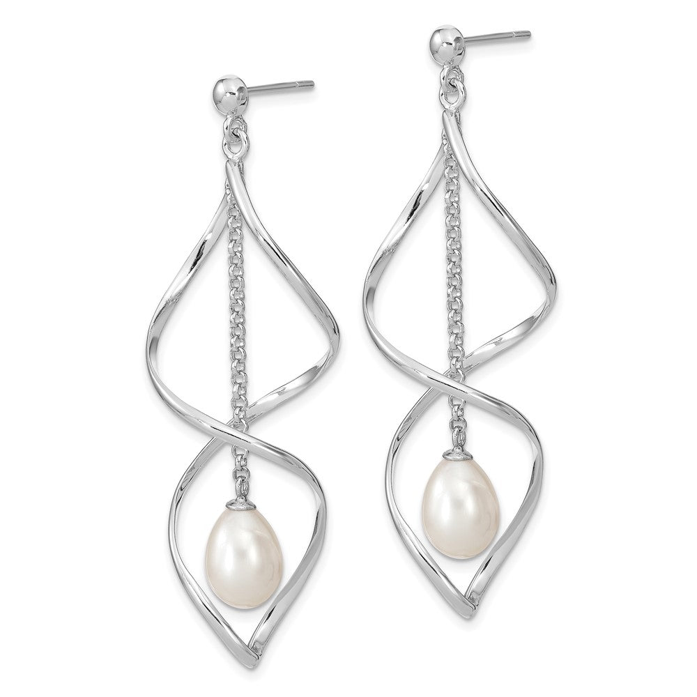 QE13852 Sterling Silver Rhodium-plated 7-8mm White Rice Freshwater Cultured Pearl Post Dangle Earring