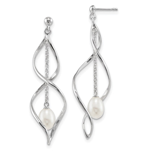 QE13852 Sterling Silver Rhodium-plated 7-8mm White Rice Freshwater Cultured Pearl Post Dangle Earring