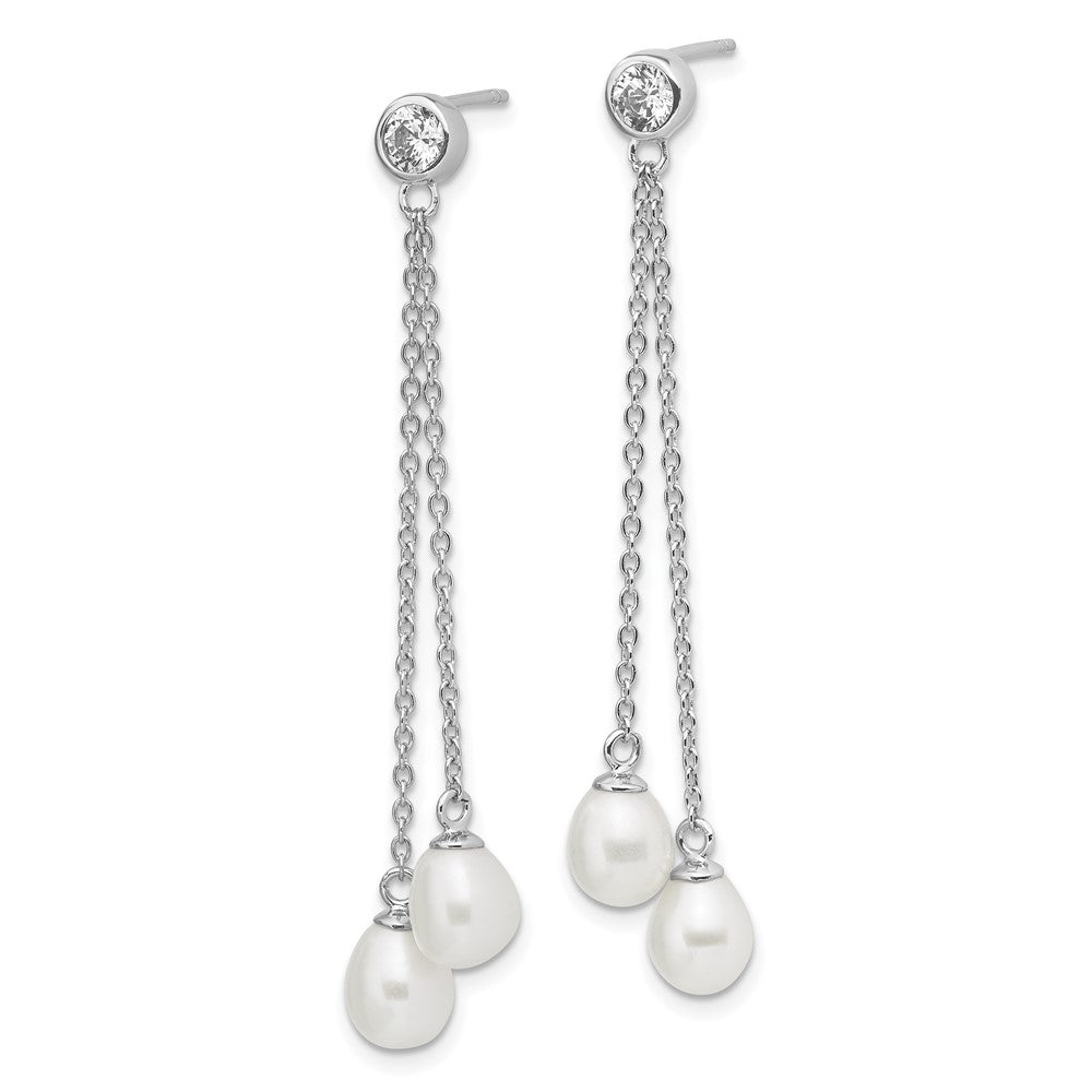 QE13853 Sterling Silver Rhodium-plated 6-7mm White Rice Freshwater Cultured Pearl and CZ Post Dangle Earrings