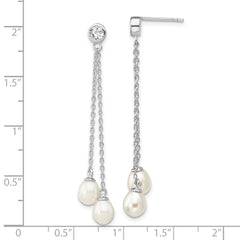 QE13853 Sterling Silver Rhodium-plated 6-7mm White Rice Freshwater Cultured Pearl and CZ Post Dangle Earrings