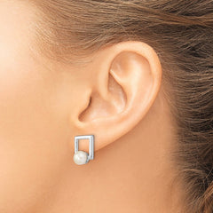 QE13856 Sterling Silver Rhodium-plated 6-7mm White Button Freshwater Cultured Pearl Square Post Earrings
