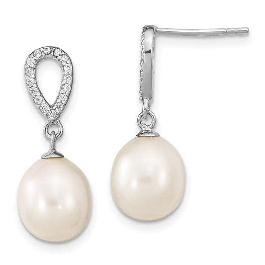 QE13857 Sterling Silver Rhodium-plated 8-9mm White Rice Freshwater Cultured Pearl and CZ Post Dangle Earrings