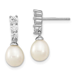 QE13859 Sterling Silver Rhodium-plated 7-8mm White Rice Freshwater Cultured Pearl and CZ Post Dangle Earrings