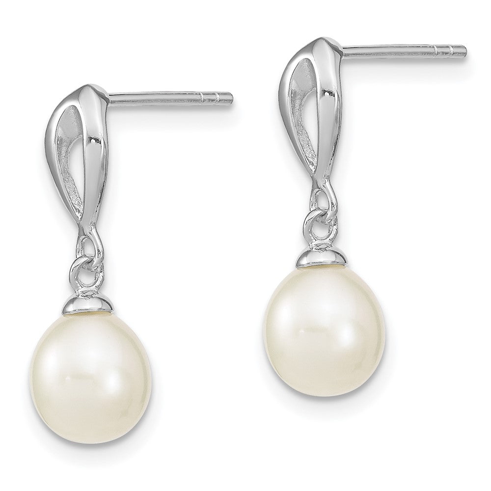 QE13861 Sterling Silver Rhodium-plated 7-8mm White Rice Freshwater Cultured Pearl Post Dangle Earrings