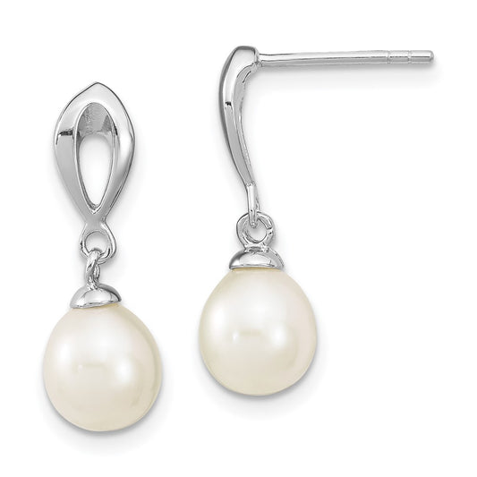 QE13861 Sterling Silver Rhodium-plated 7-8mm White Rice Freshwater Cultured Pearl Post Dangle Earrings