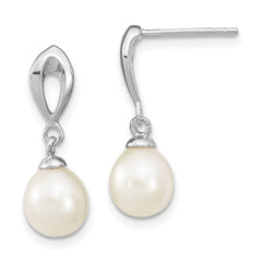QE13861 Sterling Silver Rhodium-plated 7-8mm White Rice Freshwater Cultured Pearl Post Dangle Earrings
