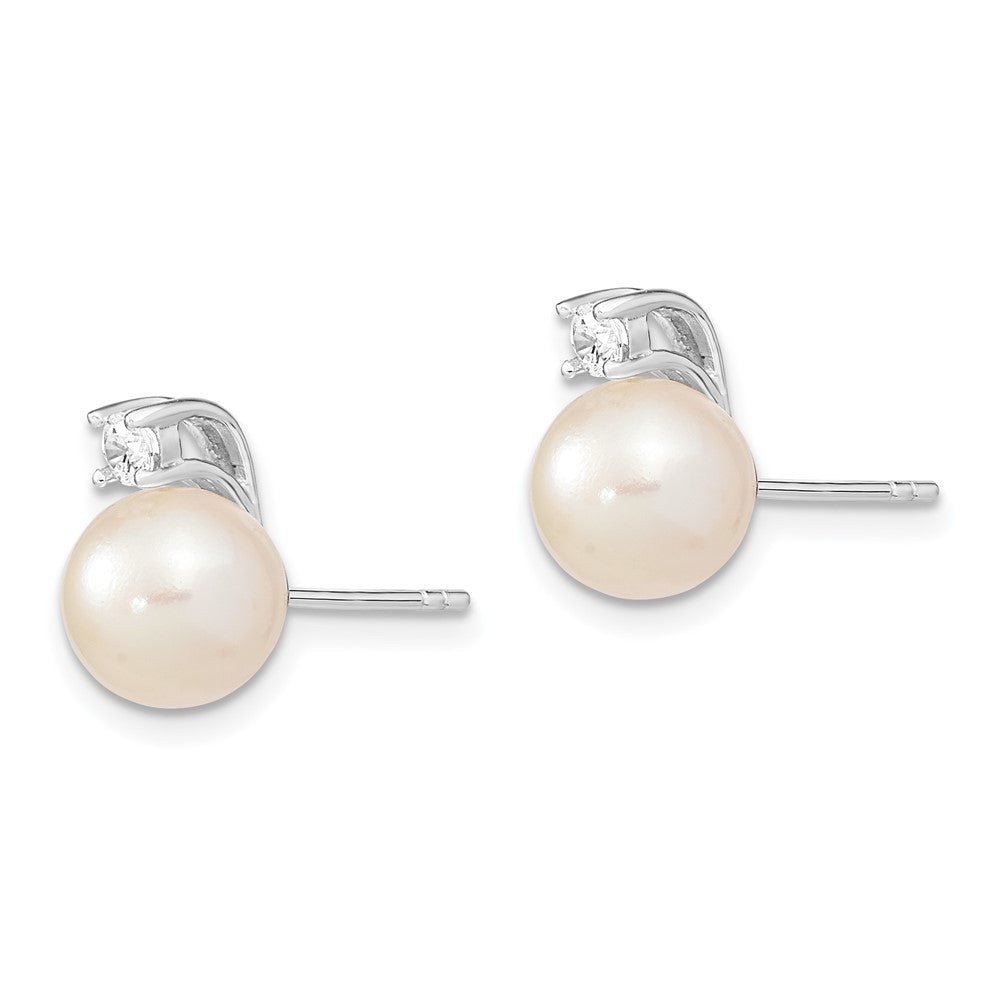QE13864 Sterling Silver Rhodium-plated 8-9mm White Semi-Round Freshwater Cultured Pearl and CZ Post Earrings