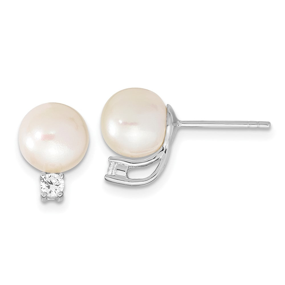 QE13864 Sterling Silver Rhodium-plated 8-9mm White Semi-Round Freshwater Cultured Pearl and CZ Post Earrings